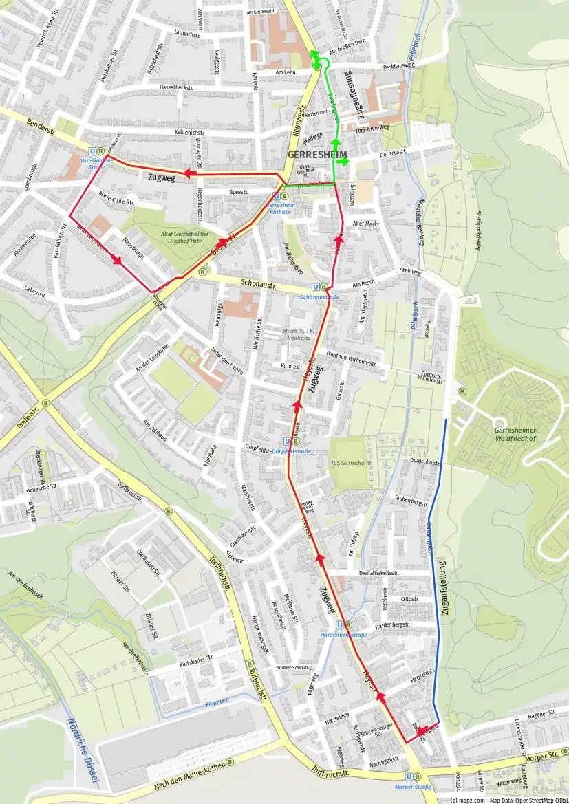 Karte des Zugwegs des Karnevalszuges in Düsseldorf-Gerresheim